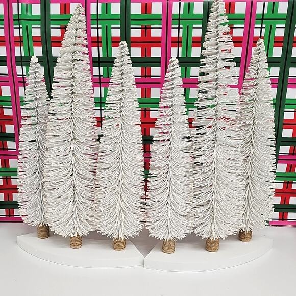Two Sets of Three Decorative Holiday White Pine Trees on Wood Blocks Festive - Picture 3 of 7